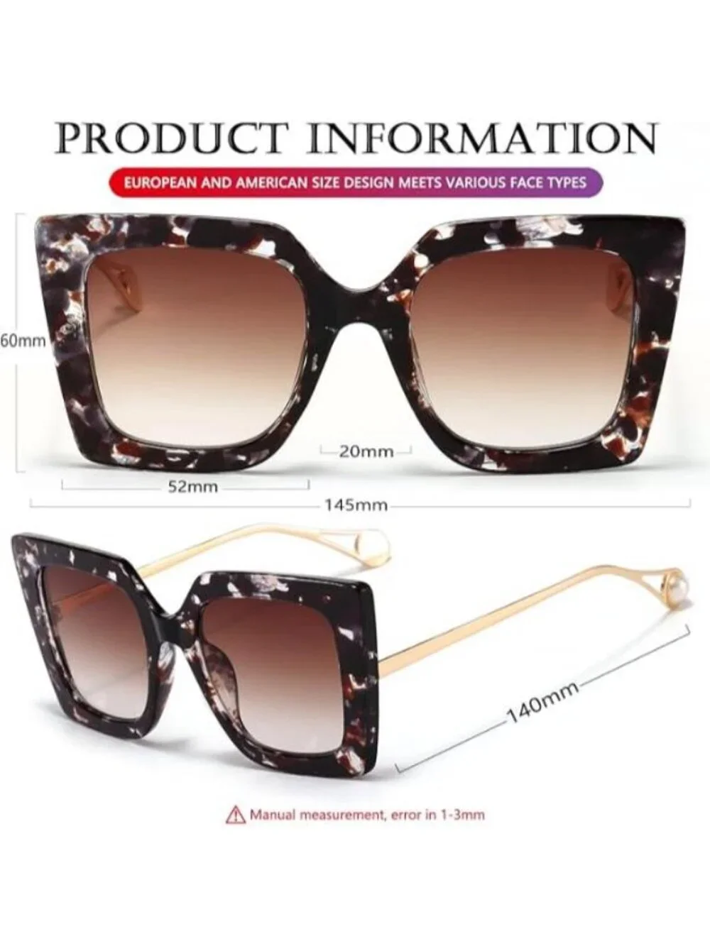 Women's Oversized Sunglasses Retro Square Frame Sun Glasses Shades Brown Floral